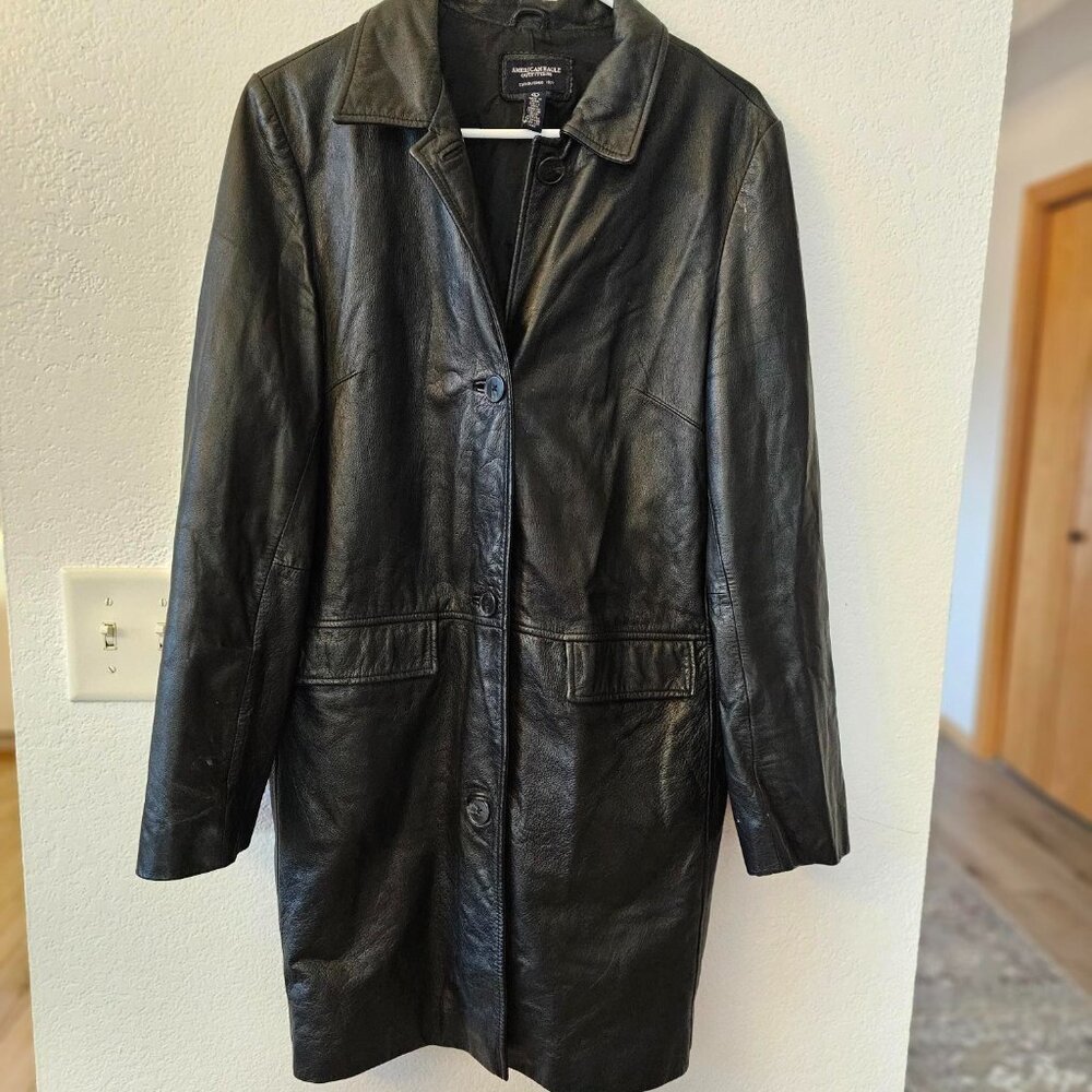 American Eagle Outfitters -  Long Black Leather Coat - Buttons Up - Lined  -Sz L